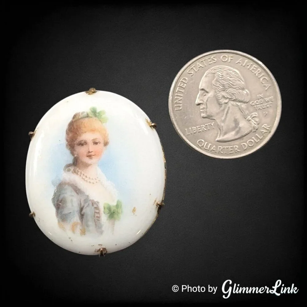 Antique Victorian Porcelain Miniature Portrait Brooch Lady Transferware C Clasp